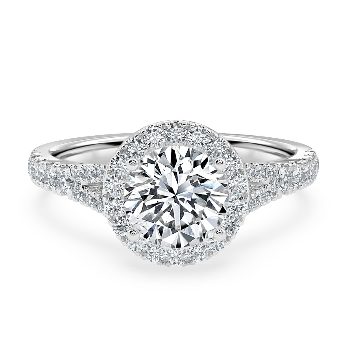 Round Diamond Split Shank Halo Engagement Ring