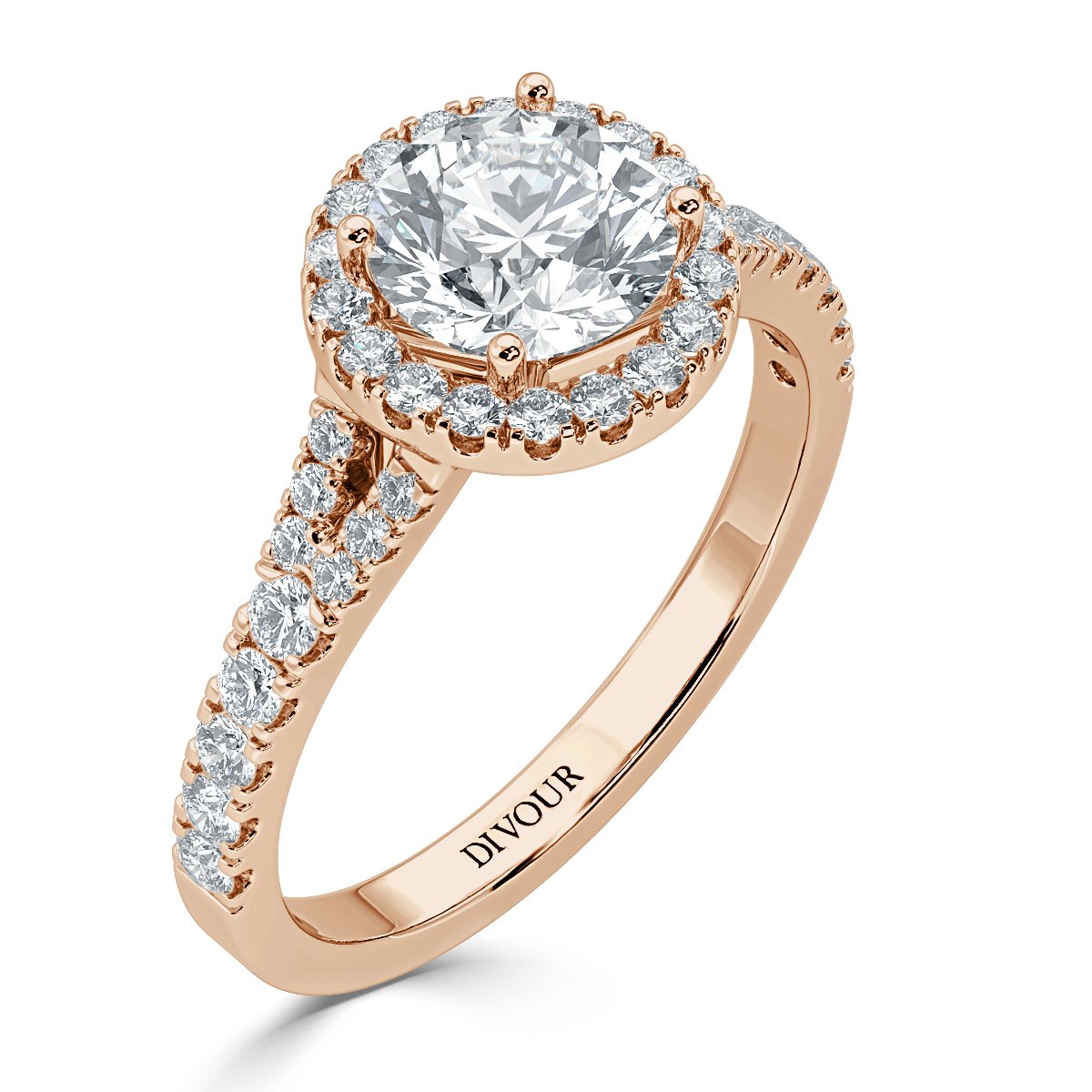 Round Diamond Split Shank Halo Engagement Ring