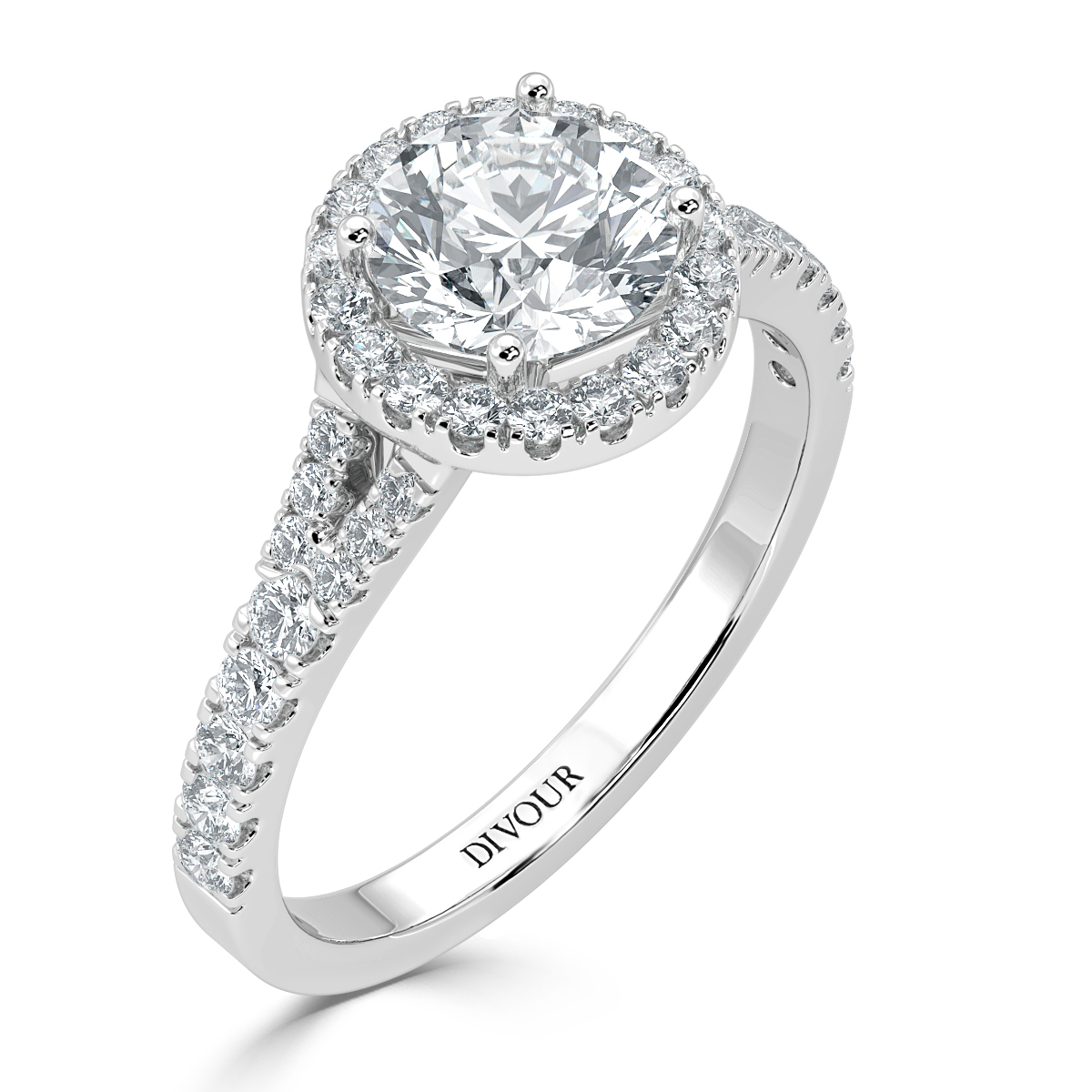 Round Diamond Split Shank Halo Engagement Ring