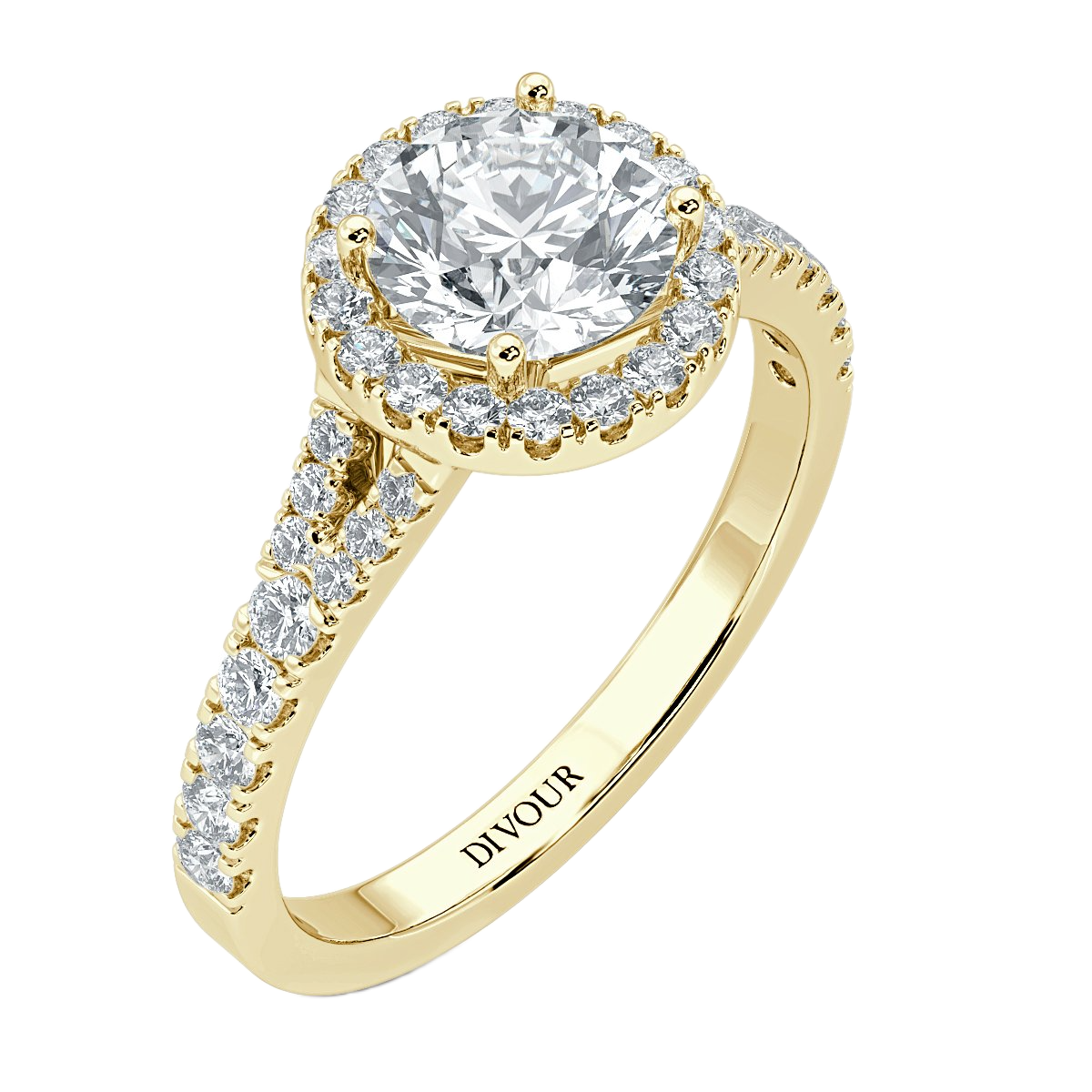 Round Diamond Split Shank Halo Engagement Ring