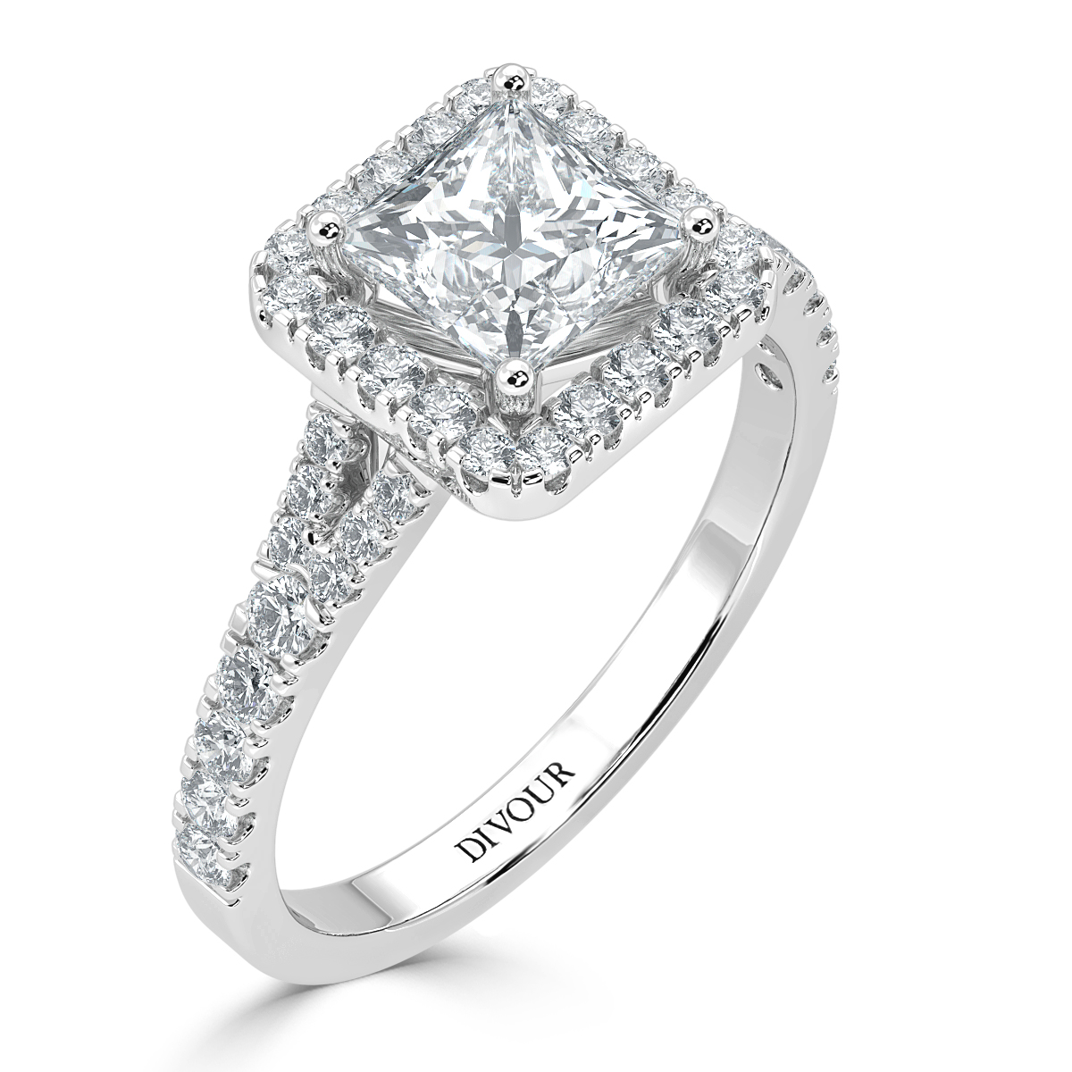 Princess Diamond Split Shank Halo Engagement Ring