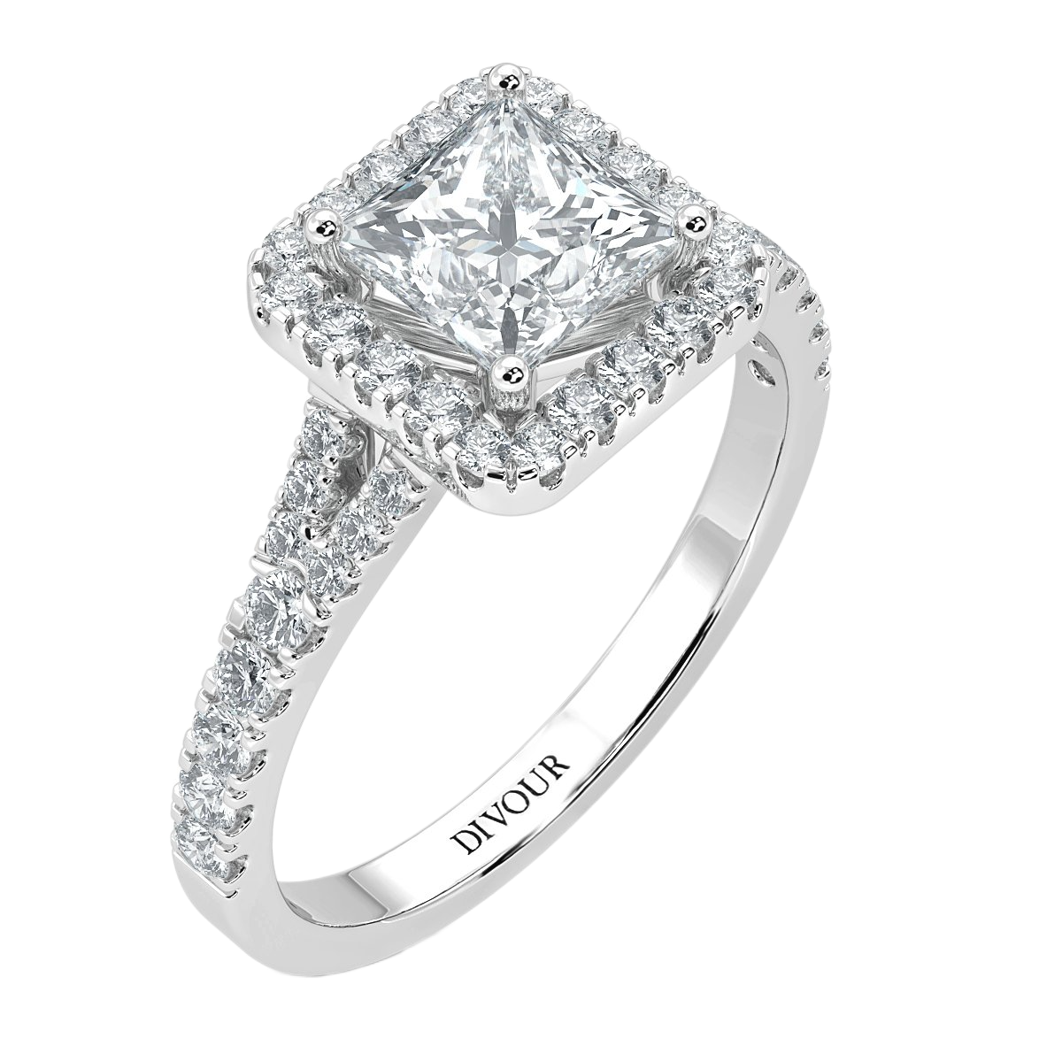 Princess Diamond Split Shank Halo Engagement Ring