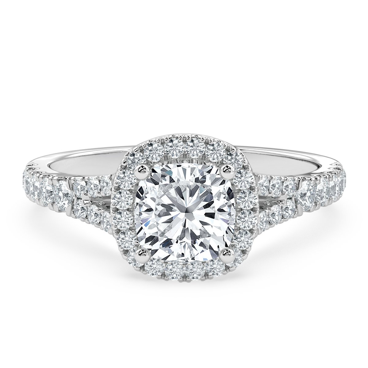 Split Shank Cushion Diamond Halo Engagement Ring