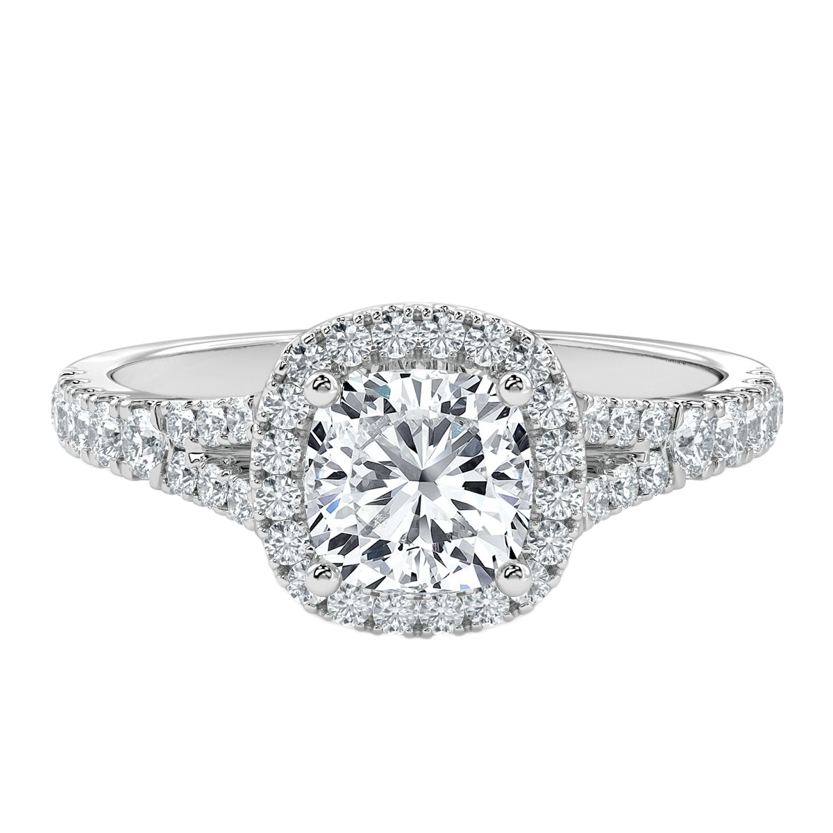 Split Shank Cushion Diamond Halo Engagement Ring