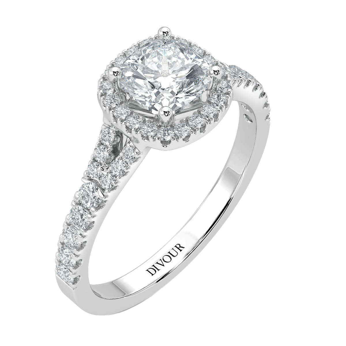 Split Shank Cushion Diamond Halo Engagement Ring