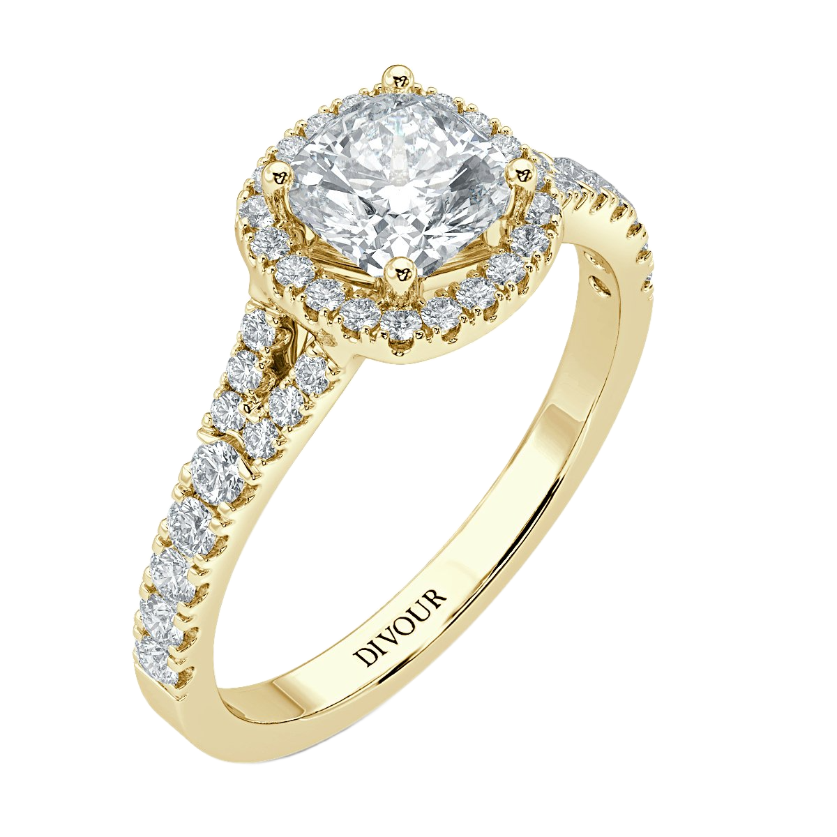 Split Shank Cushion Diamond Halo Engagement Ring