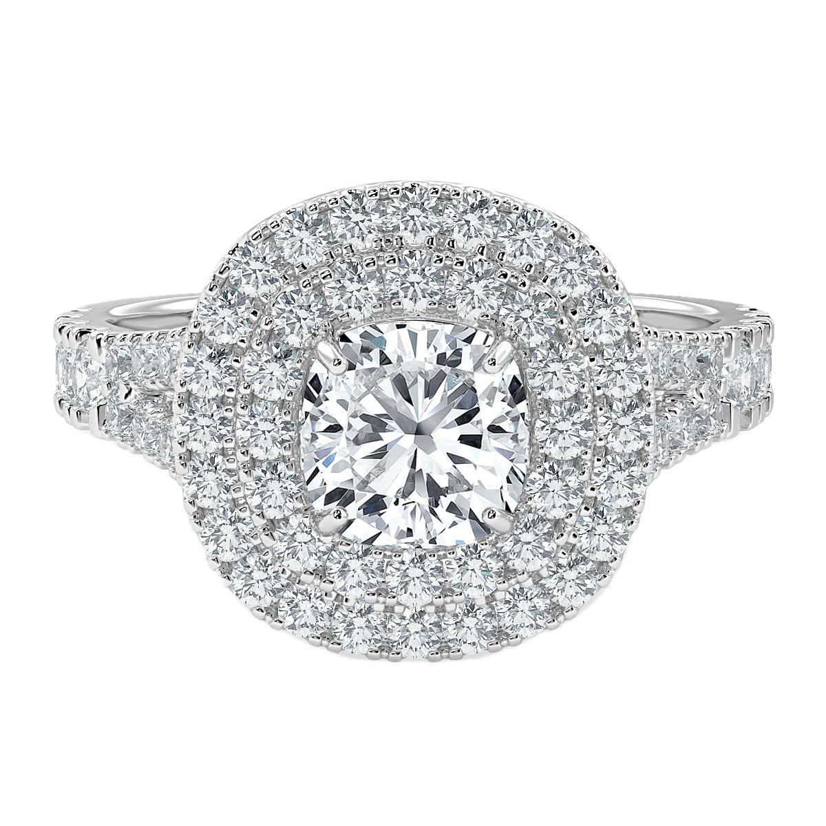 Cushion Split Shank Double Halo Engagement Ring