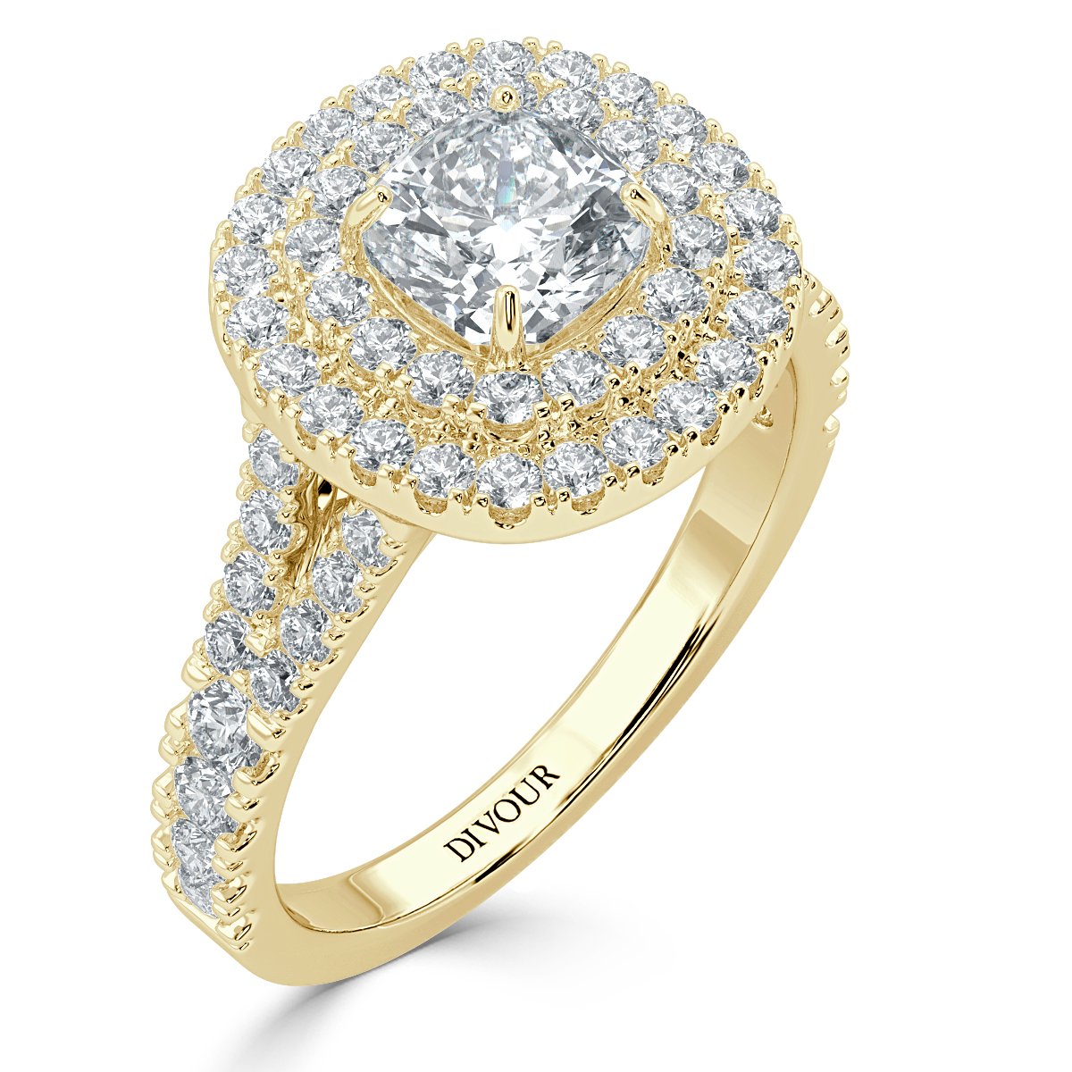 Cushion Split Shank Double Halo Engagement Ring