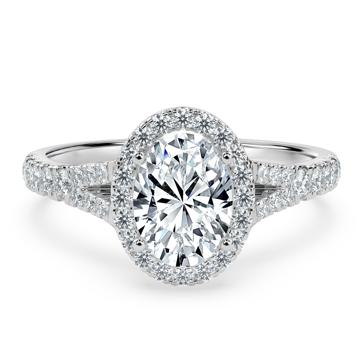 Oval Diamond Split Shank Halo Engagement Ring
