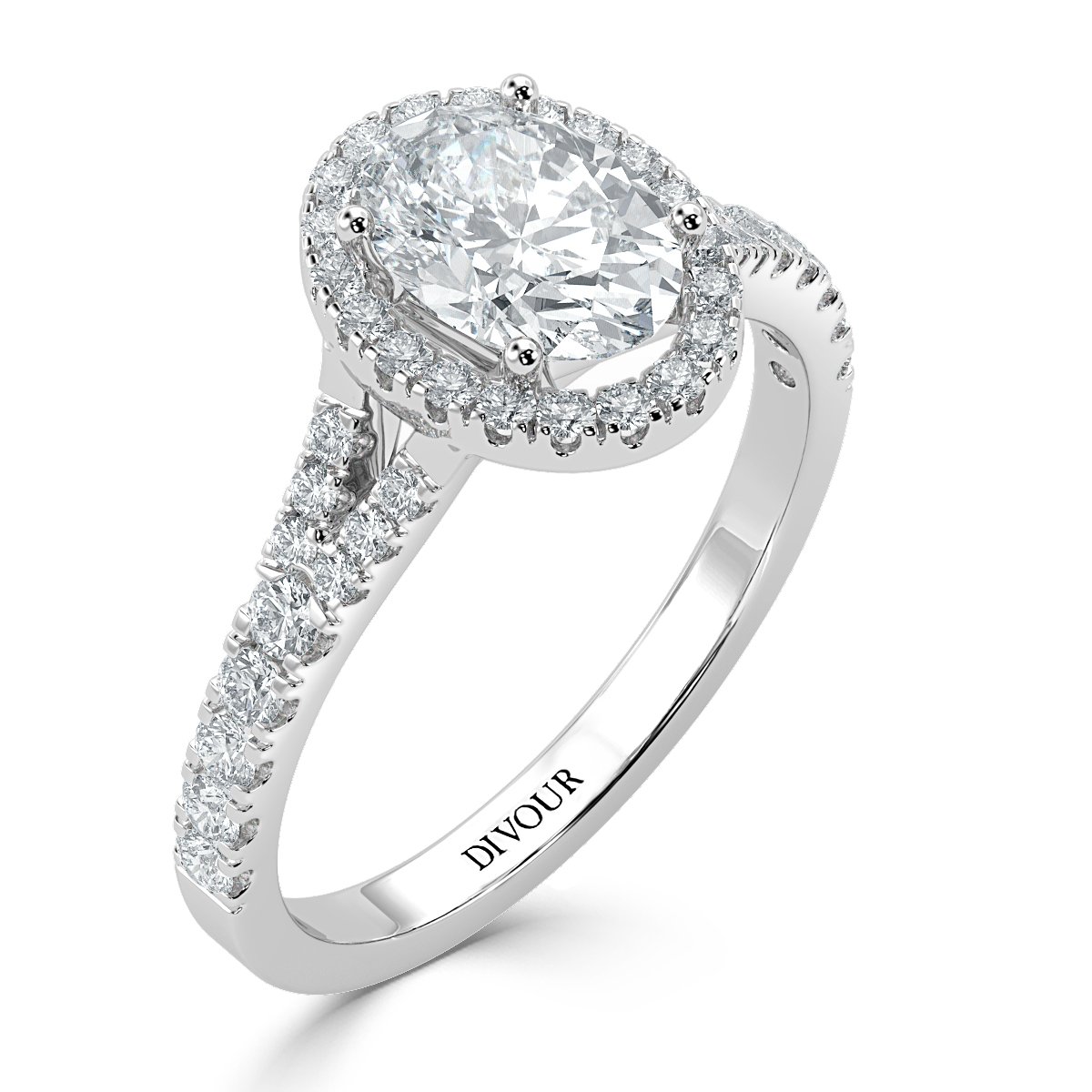 Oval Diamond Split Shank Halo Engagement Ring