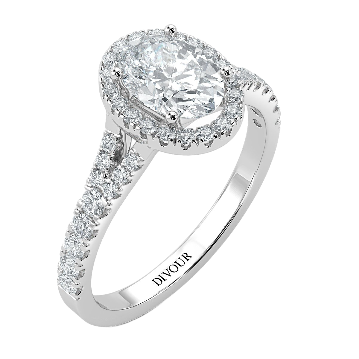 Oval Diamond Split Shank Halo Engagement Ring