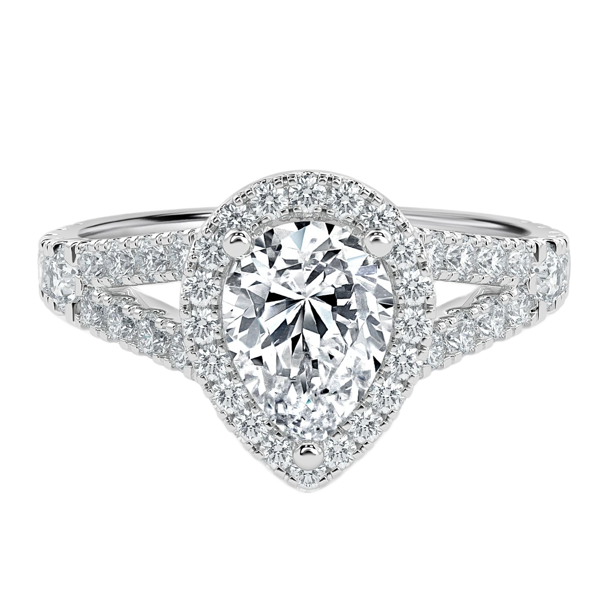 Split Shank Pear Diamond Halo Engagement Ring