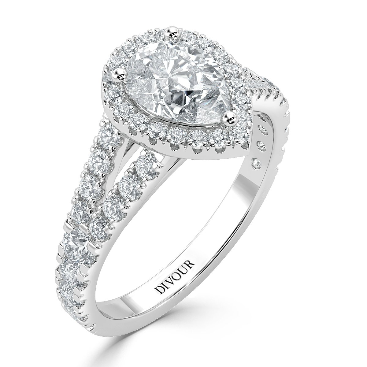 Split Shank Pear Diamond Halo Engagement Ring