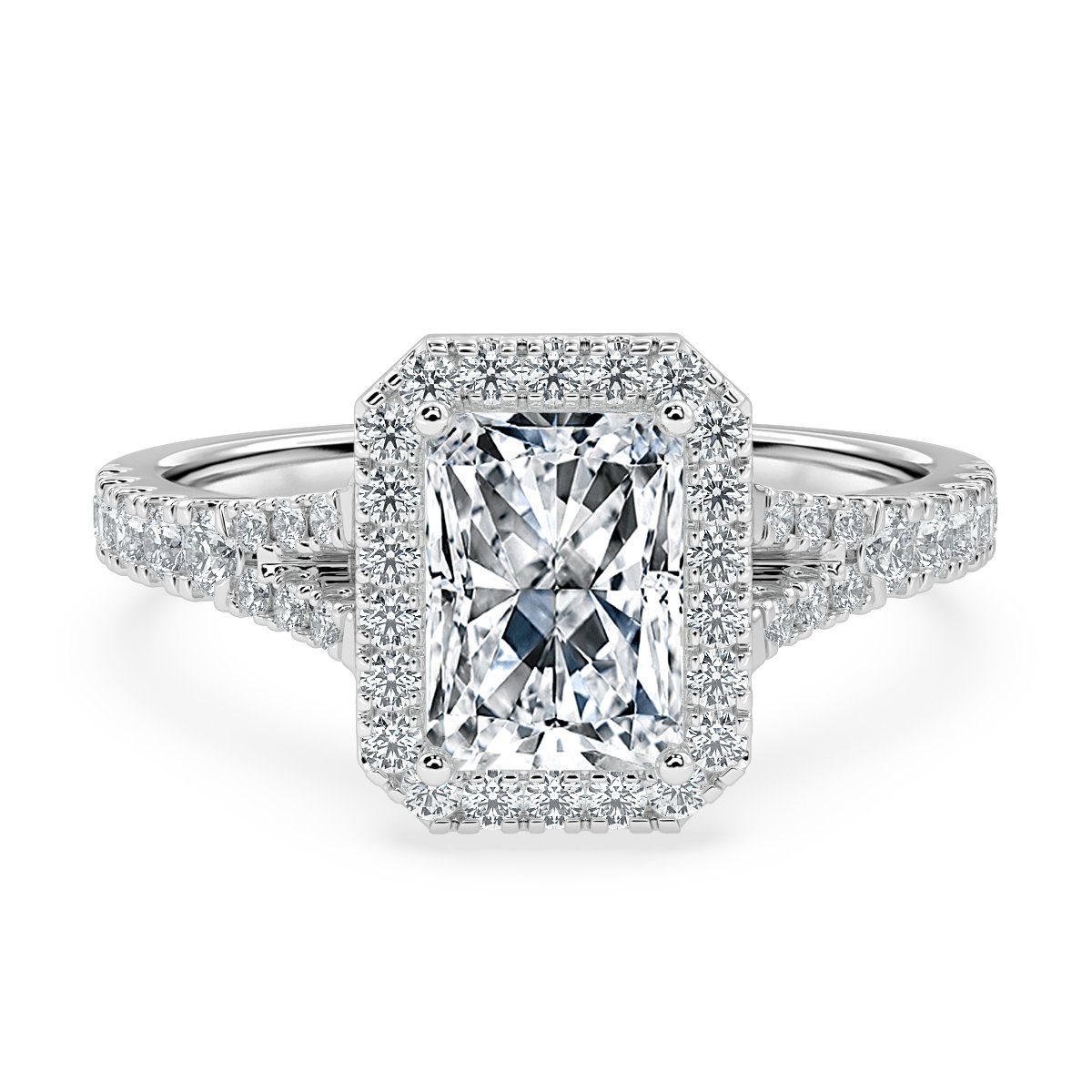 Radiant Diamond Split Shank Halo Engagement Ring