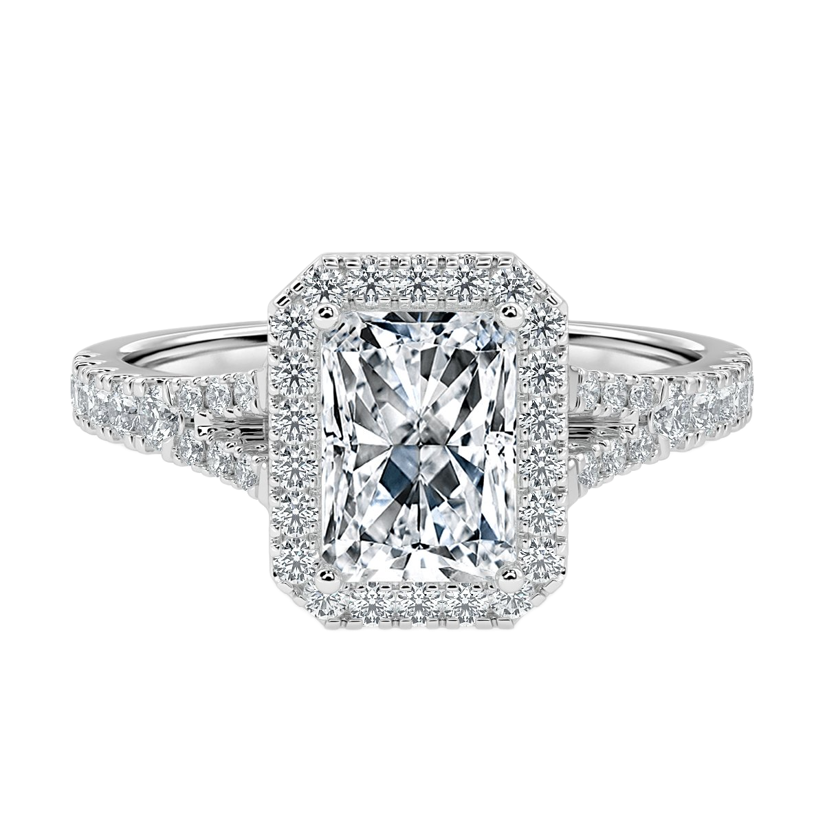 Radiant Diamond Split Shank Halo Engagement Ring