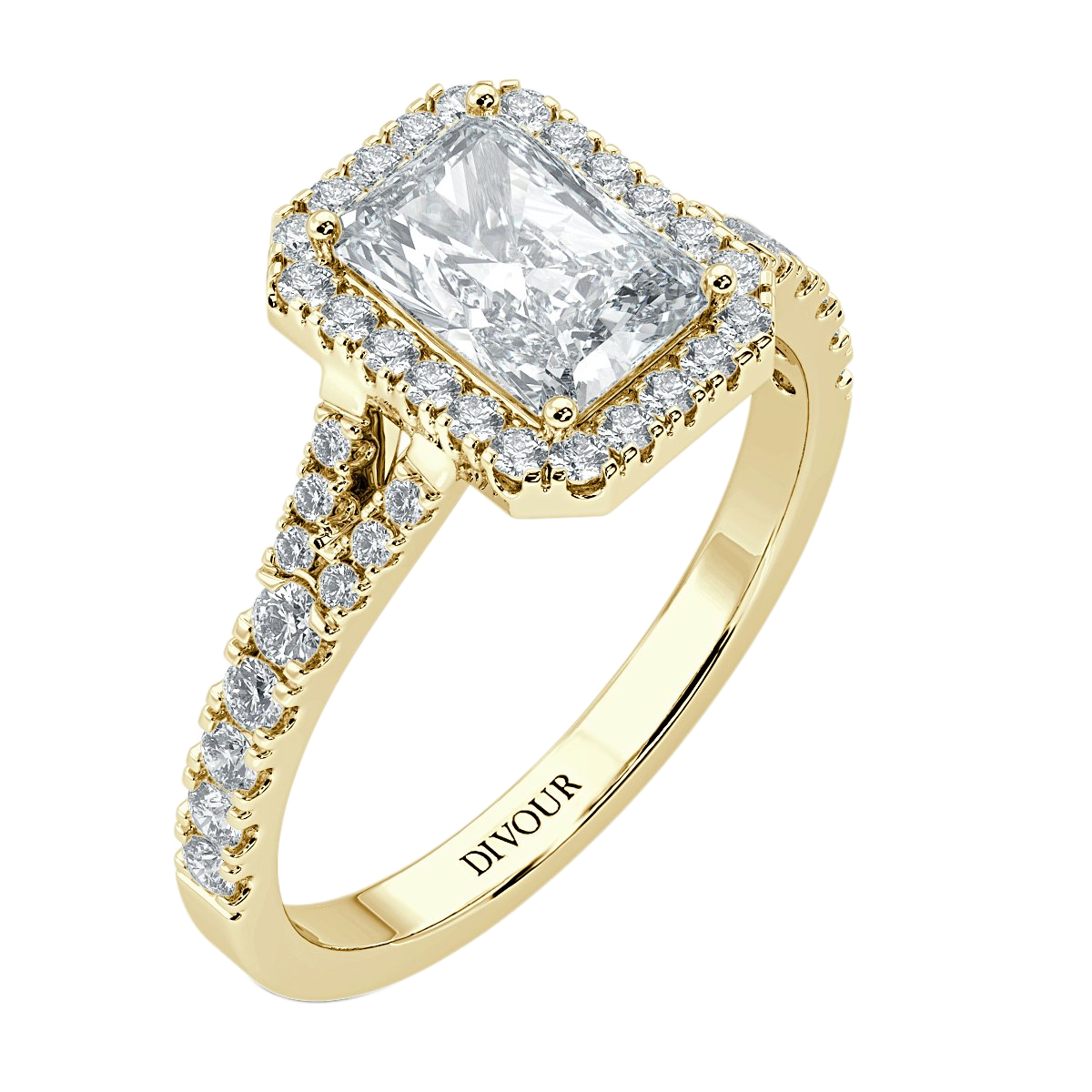 Radiant Diamond Split Shank Halo Engagement Ring