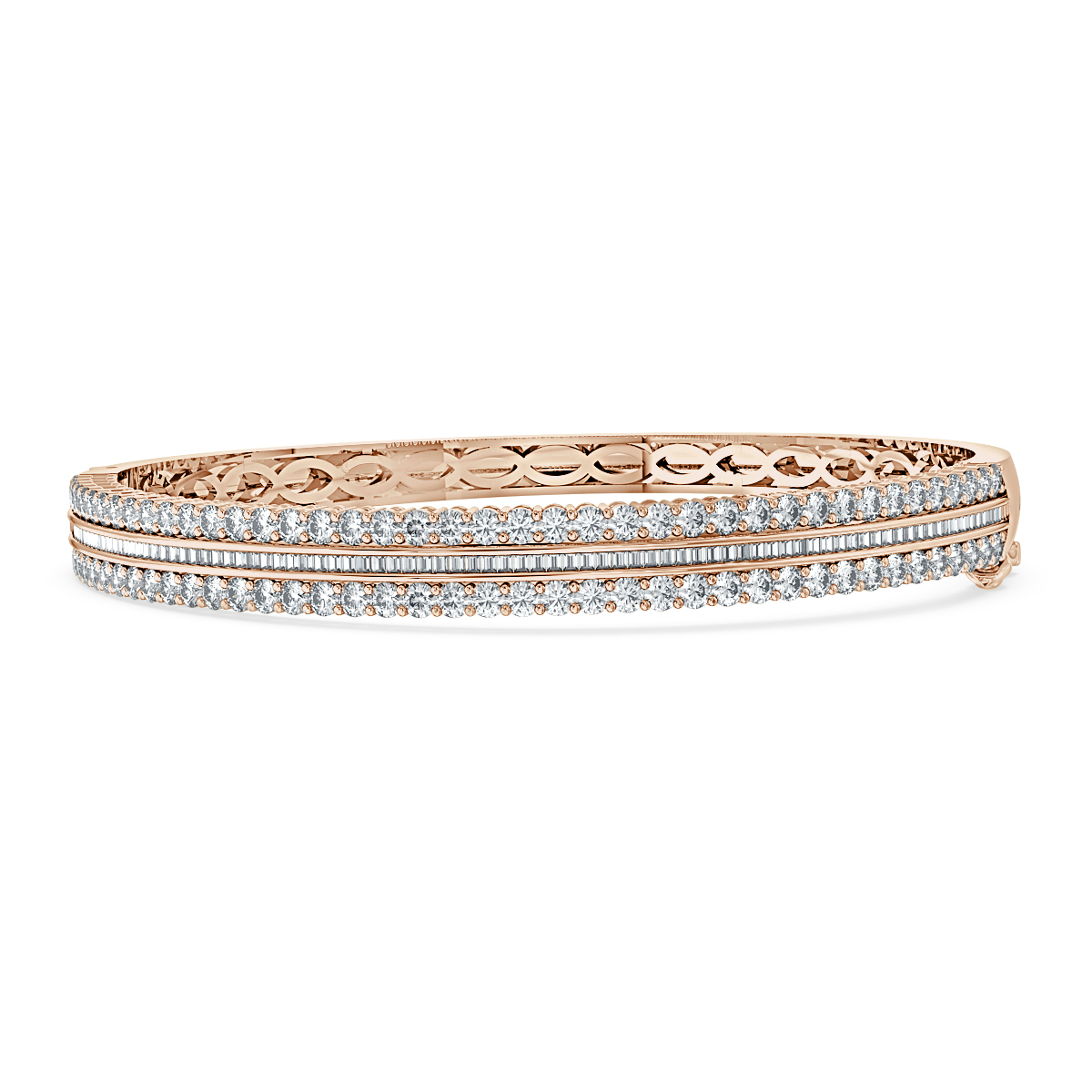 4.50 Ct Round And Bagutte Diamond Bangle, 18K Rose Gold