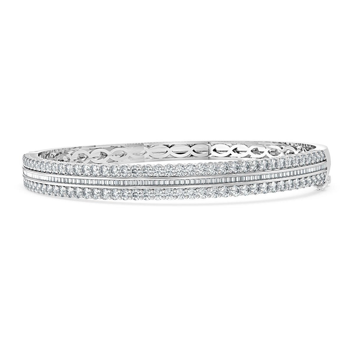 4.50 Ct Round And Bagutte Diamond Bangle, 18K White Gold