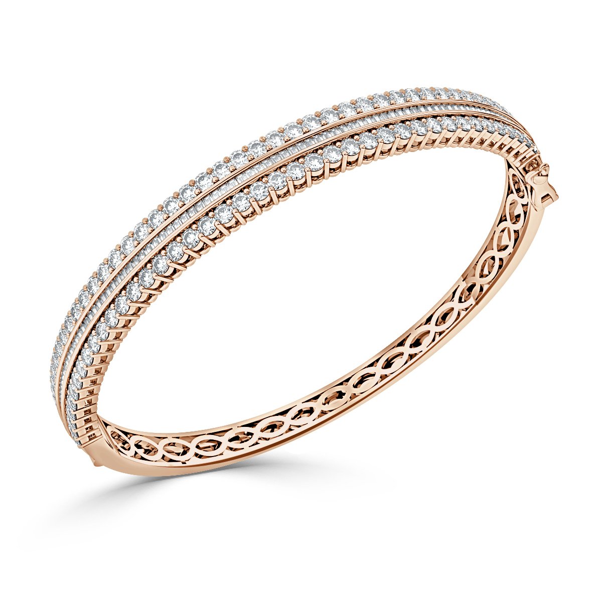 4.50 Ct Round And Bagutte Diamond Bangle, 18K Rose Gold