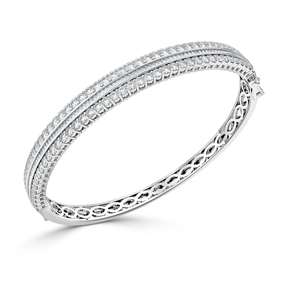 4.50 Ct Round And Bagutte Diamond Bangle, 18K White Gold