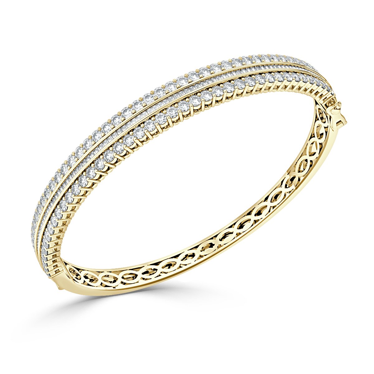 4.50 Ct Round And Bagutte Diamond Bangle, 18K Yellow Gold