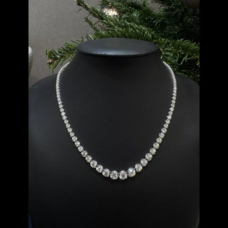 12.60 Ct Natural Diamond Graduated Tennis Necklace, 18k White Gold.